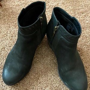 Clarks black fringe booties.